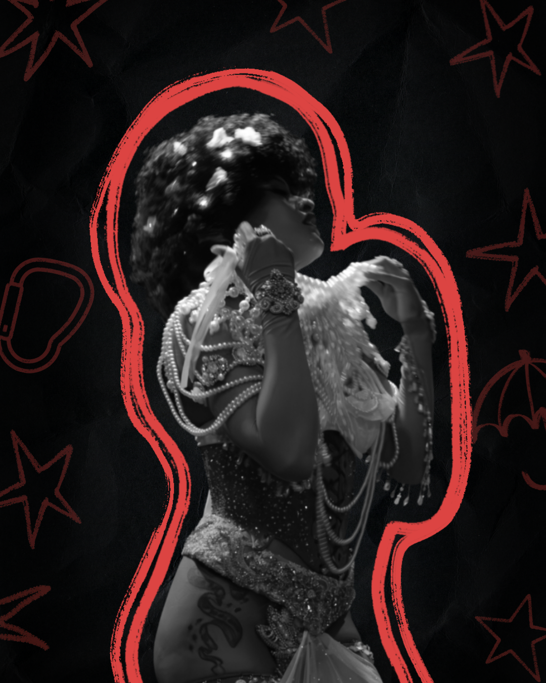 Cut-out of a burlesque performance where the performer is covered in pearls.